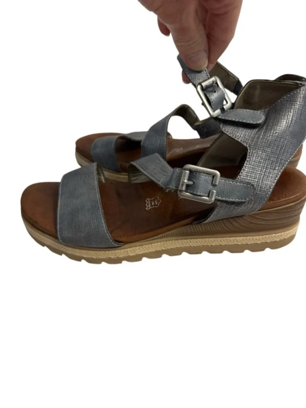 Remonte Icess 51 Denim Blue Leather Wedge Sandals Euro 41 Comfort Buckle